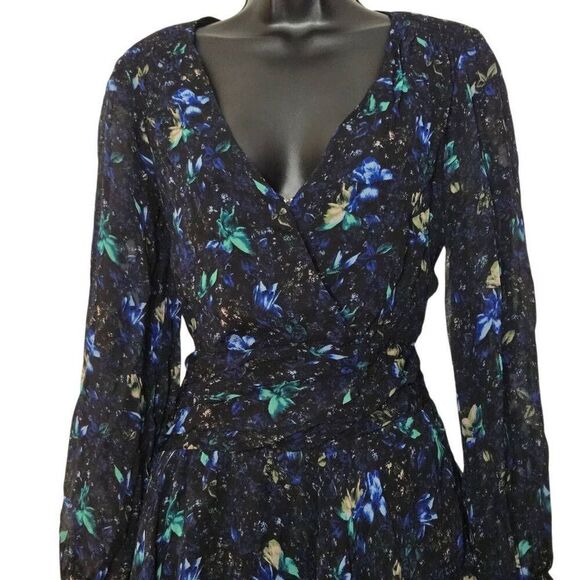 Anthropologie Ruched Floral Mini Dress Size Medium Long Sleeve V-Neck - Picture 4 of 10